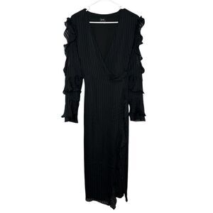 Bardot Black Damask Stripe Ruffled Cold Shoulder Midi Wrap Dress Size 10
